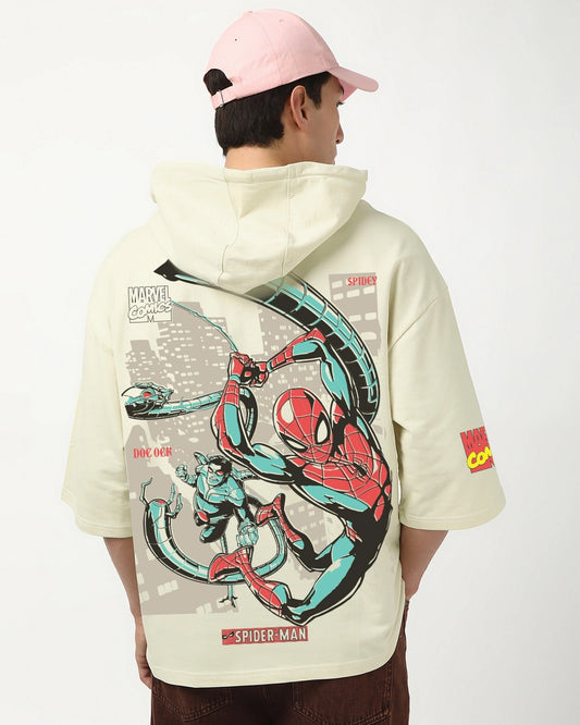 Men's Beige Spidey Graphic Printed Oversized Hoodie T-shirt