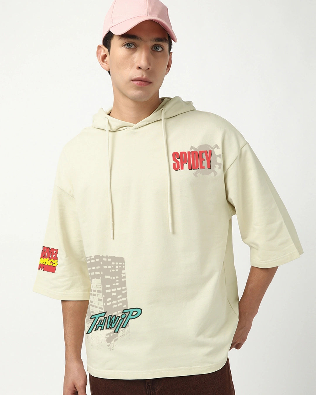 Men's Beige Spidey Graphic Printed Oversized Hoodie T-shirt