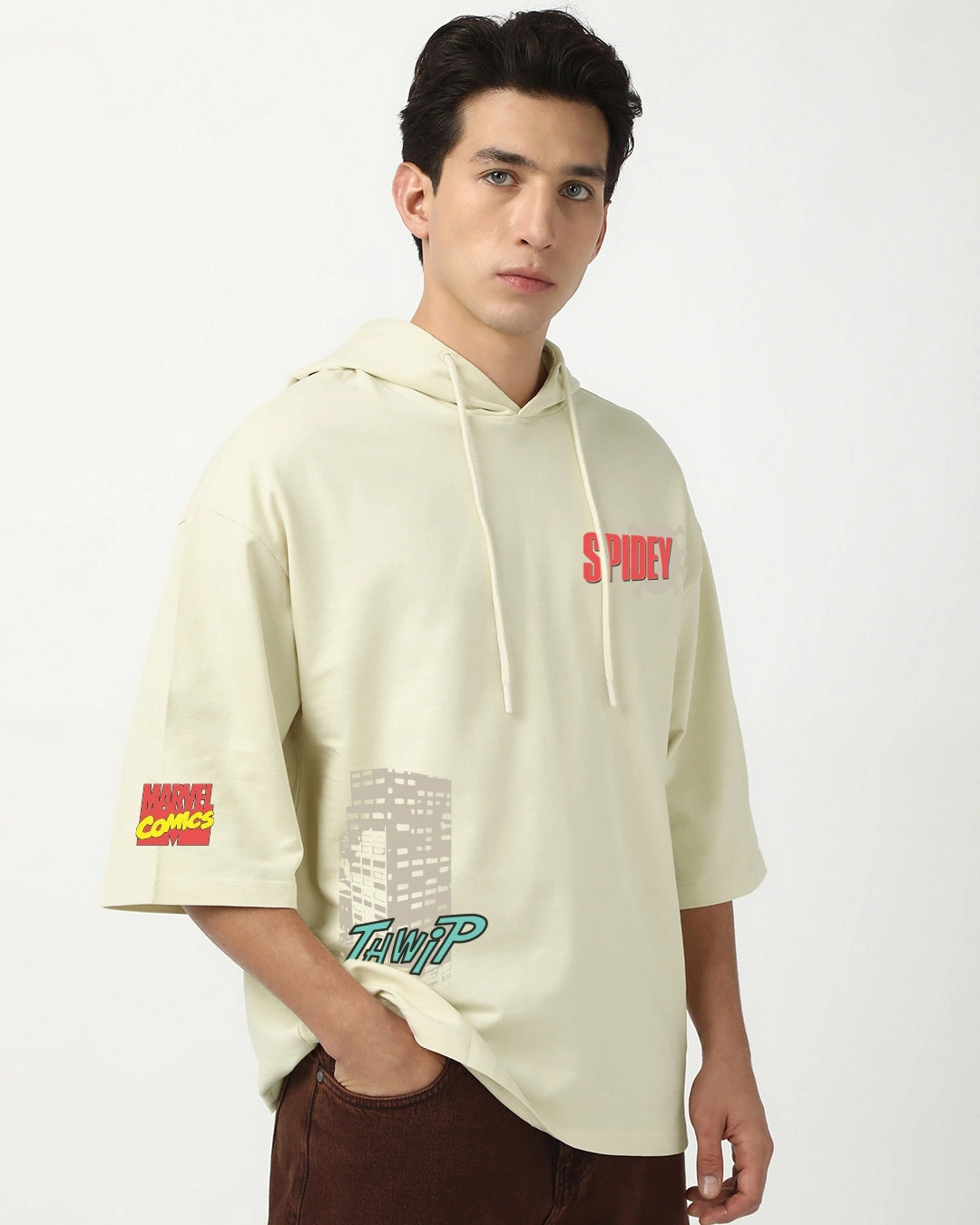 Men's Beige Spidey Graphic Printed Oversized Hoodie T-shirt