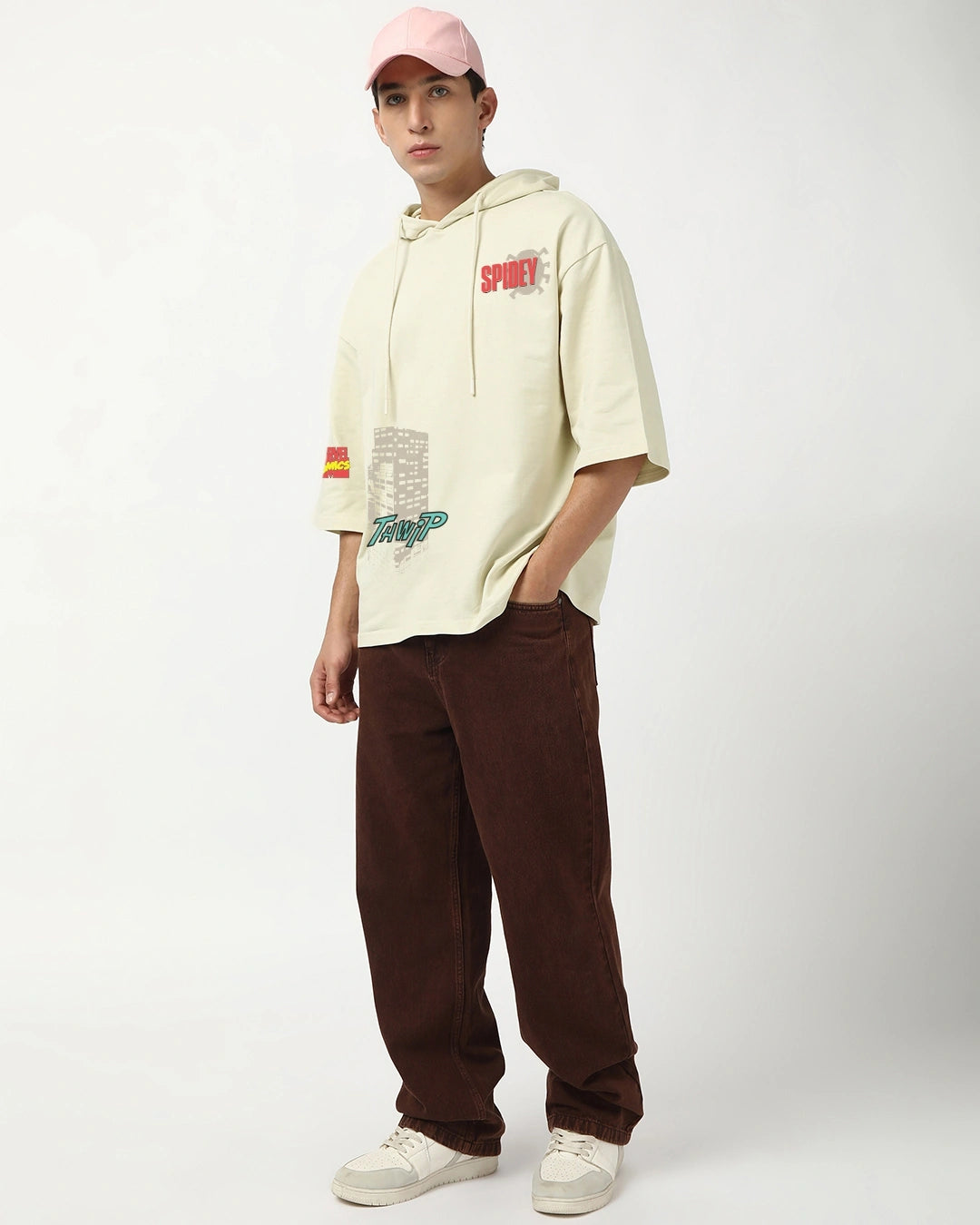 Men's Beige Spidey Graphic Printed Oversized Hoodie T-shirt