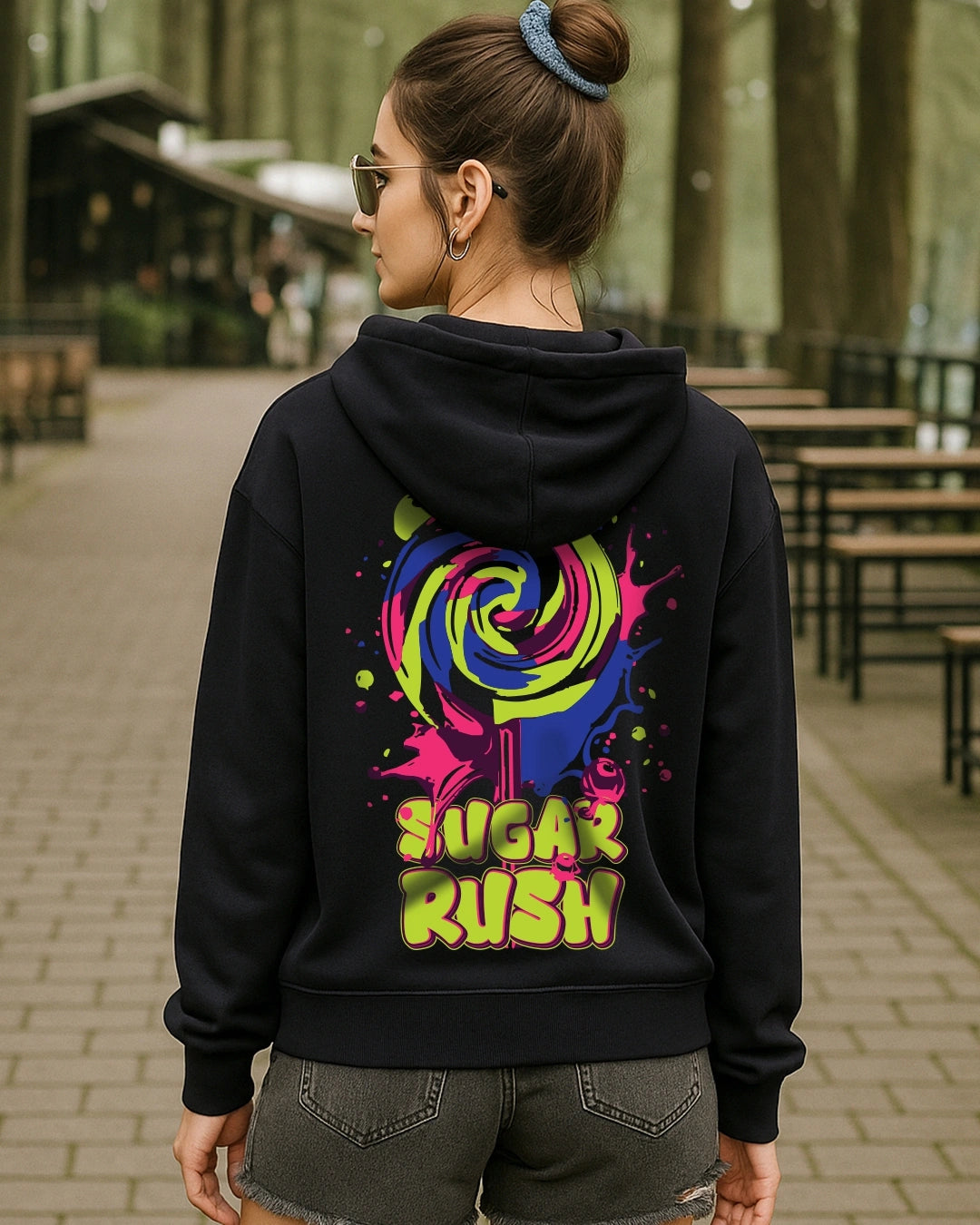 Women's Jet Black Sugar Rush Graphic Printed Oversized Hoodies