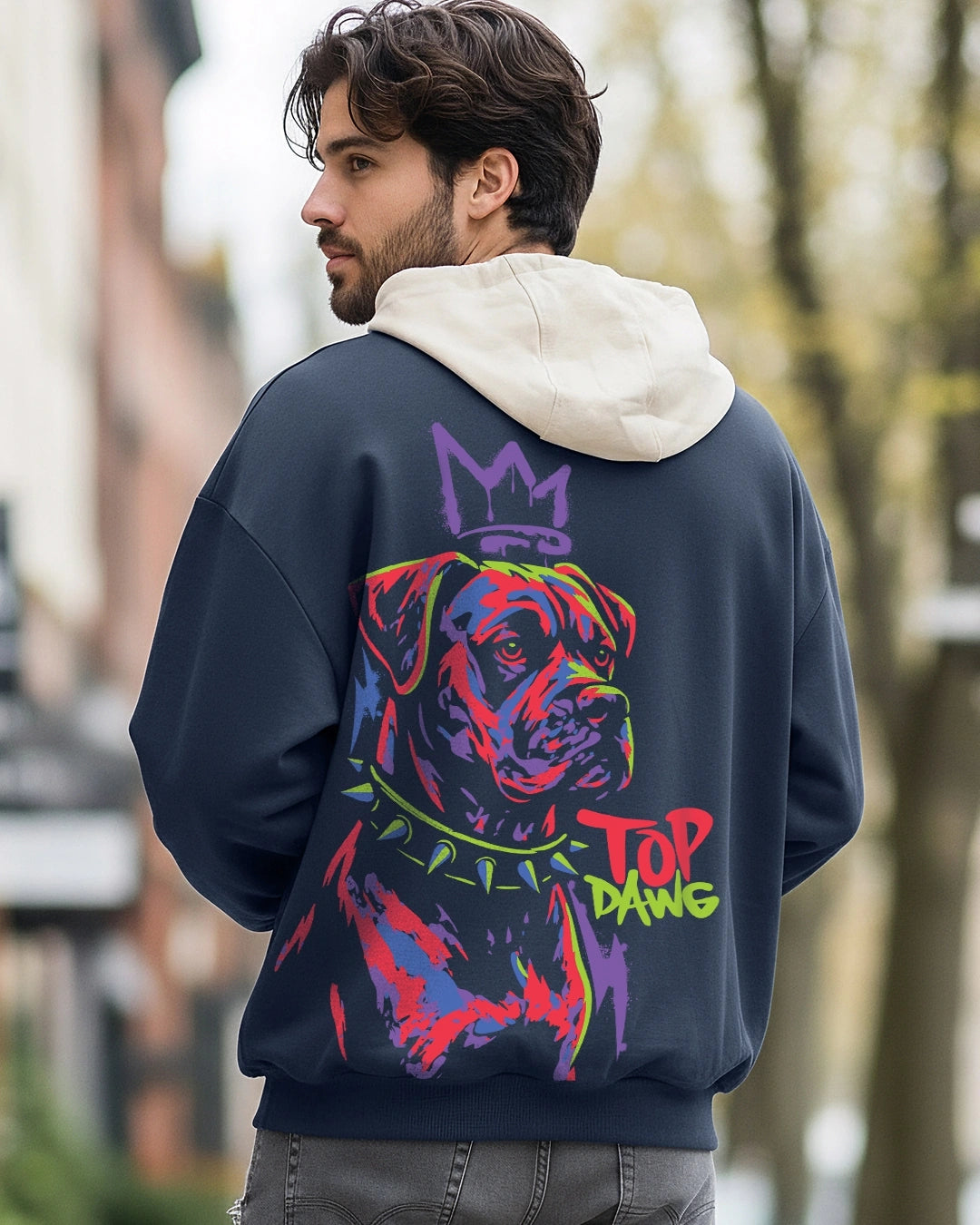 Men's Navy Blue & Beige Top Dawg Graphic Printed Oversized Hoodies