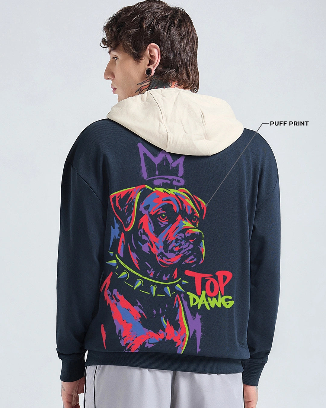 Men's Navy Blue & Beige Top Dawg Graphic Printed Oversized Hoodies