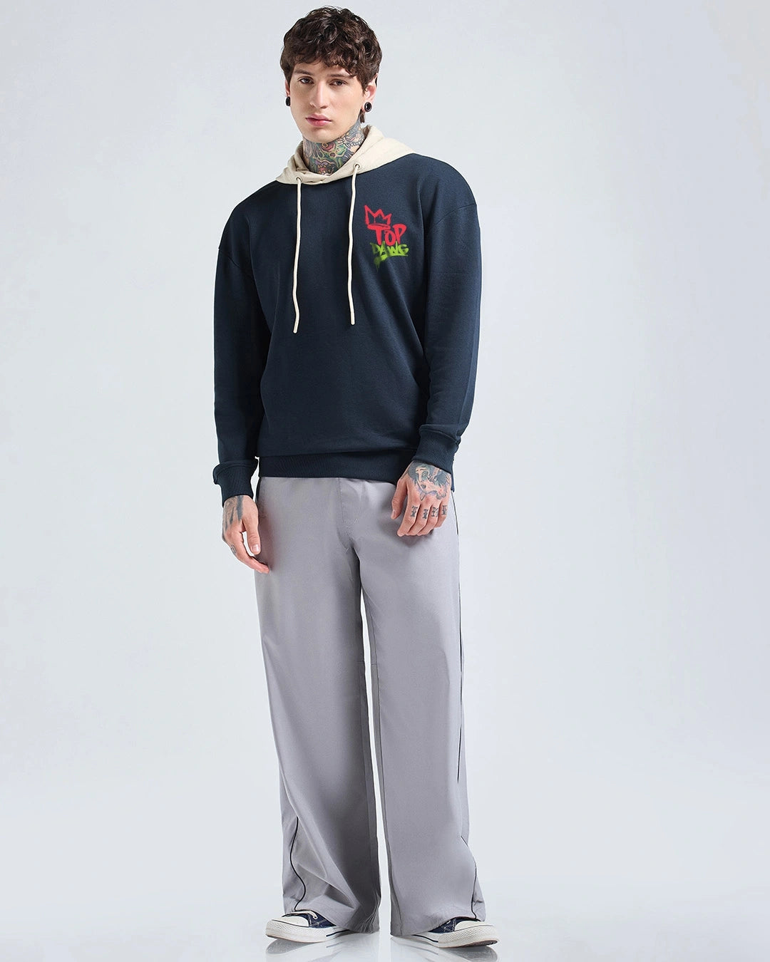 Men's Navy Blue & Beige Top Dawg Graphic Printed Oversized Hoodies