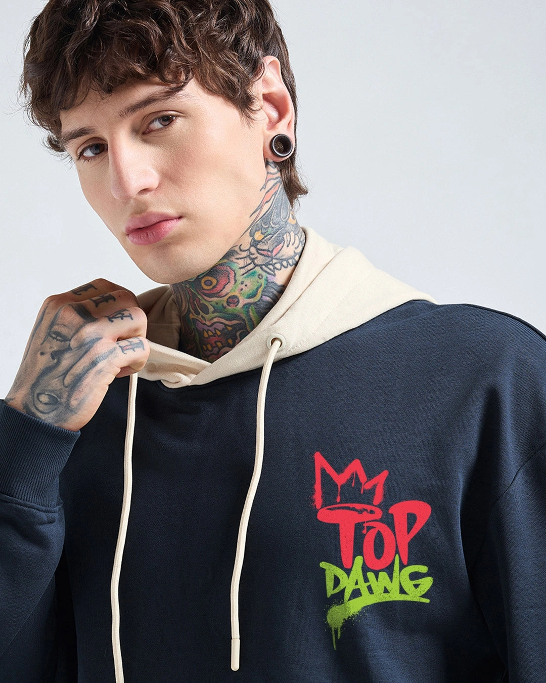 Men's Navy Blue & Beige Top Dawg Graphic Printed Oversized Hoodies