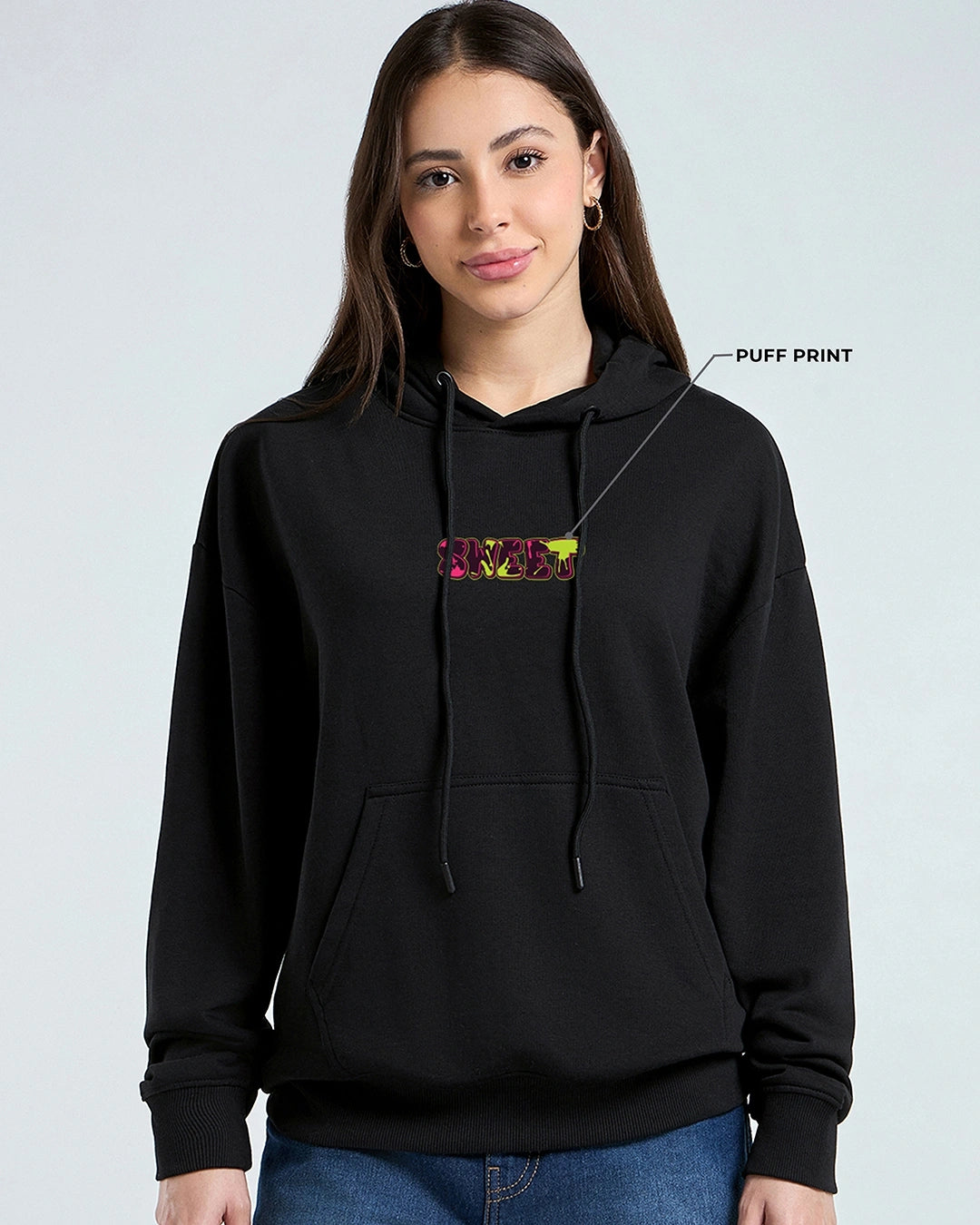 Women's Jet Black Sugar Rush Graphic Printed Oversized Hoodies