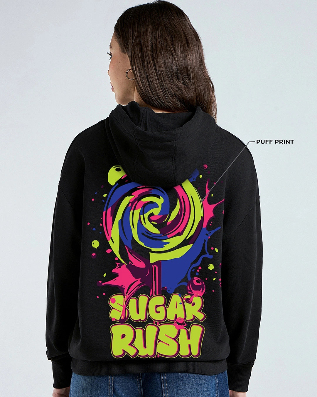 Women's Jet Black Sugar Rush Graphic Printed Oversized Hoodies