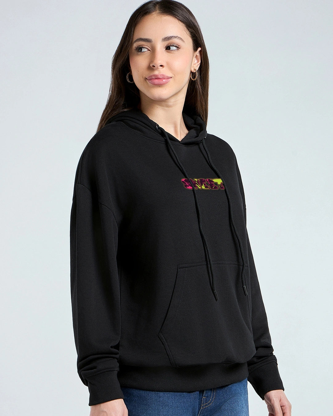 Women's Jet Black Sugar Rush Graphic Printed Oversized Hoodies