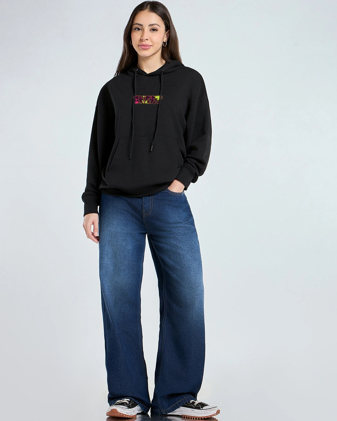 Women's Jet Black Sugar Rush Graphic Printed Oversized Hoodies