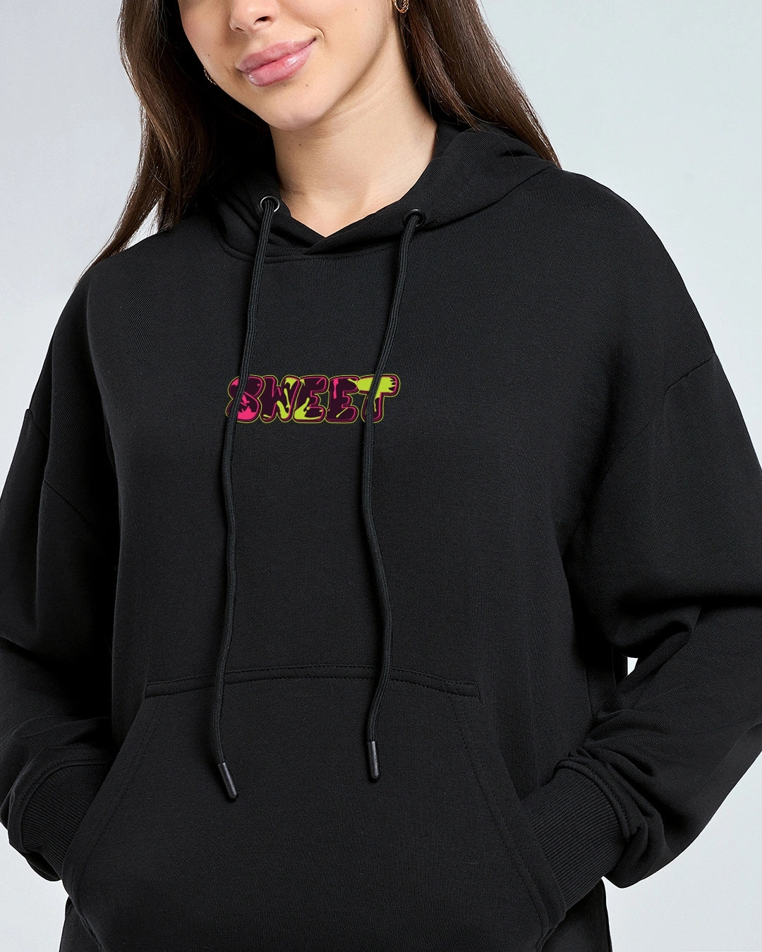 Women's Jet Black Sugar Rush Graphic Printed Oversized Hoodies